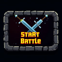 A pixelated button featuring two crossed swords at the top