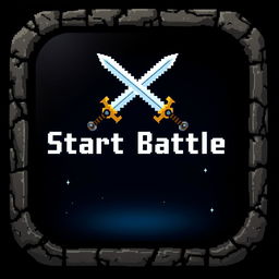 A pixelated button featuring two crossed swords at the top