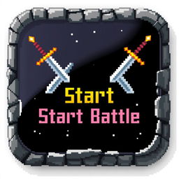 A pixelated button featuring two crossed swords at the top