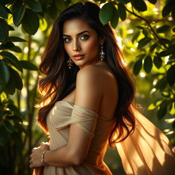 A sensual depiction of a confident, elegant woman in a luxurious setting, posing gracefully amidst lush greenery