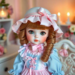 A charming pastel-themed doll, styled like a vintage porcelain doll, with delicate features and a soft, rosy complexion