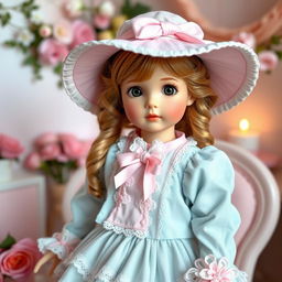 A charming pastel-themed doll, styled like a vintage porcelain doll, with delicate features and a soft, rosy complexion