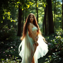 A serene and inviting natural setting featuring a beautiful, enigmatic woman standing confidently in the midst of a lush forest