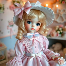 A charming pastel-themed doll, styled like a vintage porcelain doll, with delicate features and a soft, rosy complexion