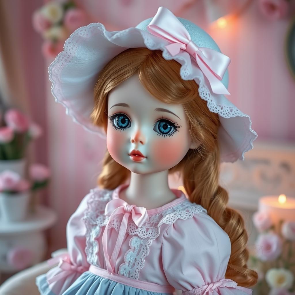 A charming pastel-themed doll, styled like a vintage porcelain doll, with delicate features and a soft, rosy complexion