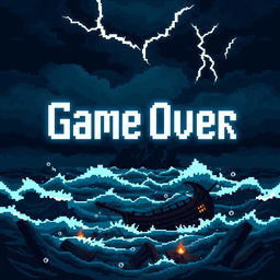 A pixelated 'Game Over' screen that captures the mystical and oceanic theme of the game