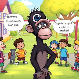 An imaginative illustration of Buster, the ape with an extra 'bus eye' protruding from the top of his head on a long neck