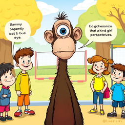 An imaginative illustration of Buster, the ape with an extra 'bus eye' protruding from the top of his head on a long neck