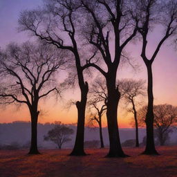 An exotic landscape during sunset, backlighting the silhouettes of rare strangeling trees and casting long enchanting shadows. The sky a color palette ranging from deep purples to fiery oranges.