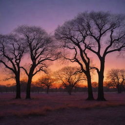 An exotic landscape during sunset, backlighting the silhouettes of rare strangeling trees and casting long enchanting shadows. The sky a color palette ranging from deep purples to fiery oranges.