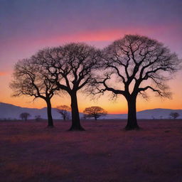 An exotic landscape during sunset, backlighting the silhouettes of rare strangeling trees and casting long enchanting shadows. The sky a color palette ranging from deep purples to fiery oranges.