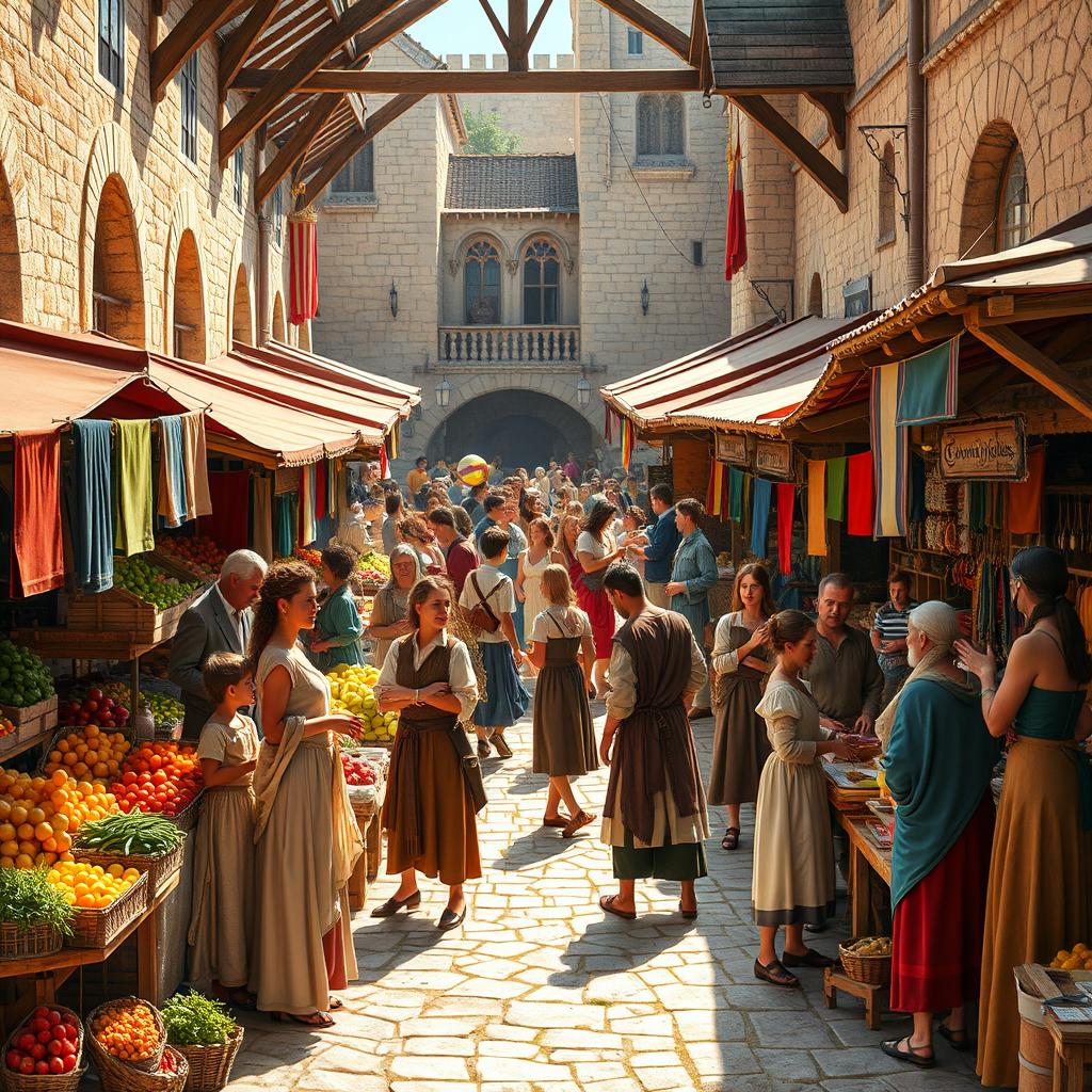 A vibrant medieval marketplace scene filled with a variety of colorful stalls selling fruits, vegetables, fabrics, and handmade crafts