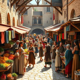 A vibrant medieval marketplace scene filled with a variety of colorful stalls selling fruits, vegetables, fabrics, and handmade crafts