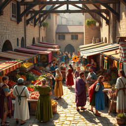 A vibrant medieval marketplace scene filled with a variety of colorful stalls selling fruits, vegetables, fabrics, and handmade crafts