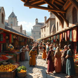 A vibrant medieval marketplace scene filled with a variety of colorful stalls selling fruits, vegetables, fabrics, and handmade crafts