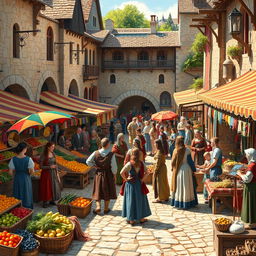 A vibrant medieval marketplace scene filled with a variety of colorful stalls selling fruits, vegetables, fabrics, and handmade crafts