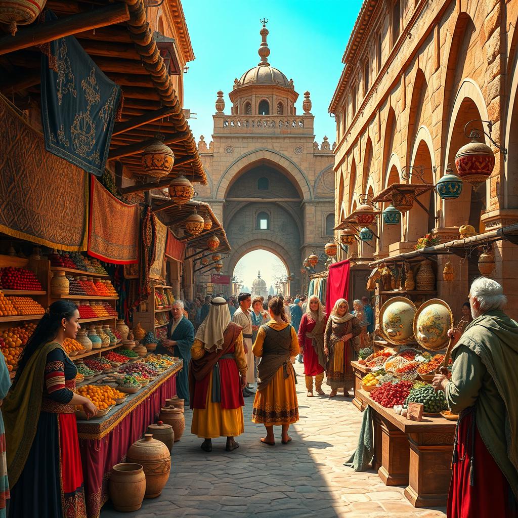 An exotic medieval marketplace brimming with vibrant colors and unique goods from distant lands