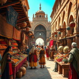 An exotic medieval marketplace brimming with vibrant colors and unique goods from distant lands