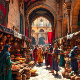 An exotic medieval marketplace brimming with vibrant colors and unique goods from distant lands