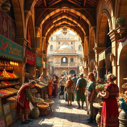 An exotic medieval marketplace brimming with vibrant colors and unique goods from distant lands