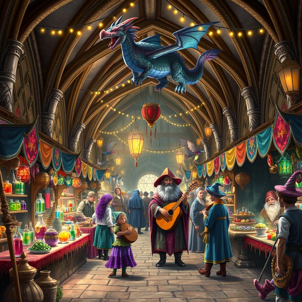 A vibrant fantasy medieval marketplace filled with whimsical and enchanting elements