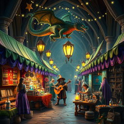 A vibrant fantasy medieval marketplace filled with whimsical and enchanting elements