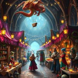 A vibrant fantasy medieval marketplace filled with whimsical and enchanting elements