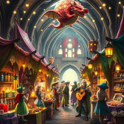 A vibrant fantasy medieval marketplace filled with whimsical and enchanting elements