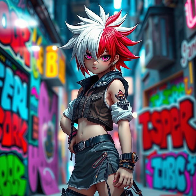 A character with a striking hairstyle featuring one half pure white hair and the other half vibrant red hair, standing confidently in a dynamic pose