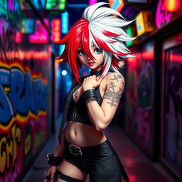 A character with a striking hairstyle featuring one half pure white hair and the other half vibrant red hair, standing confidently in a dynamic pose