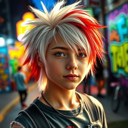 A teenager with a unique hairstyle featuring one half of their hair pure white and the other half vibrant red, exuding a youthful and edgy vibe