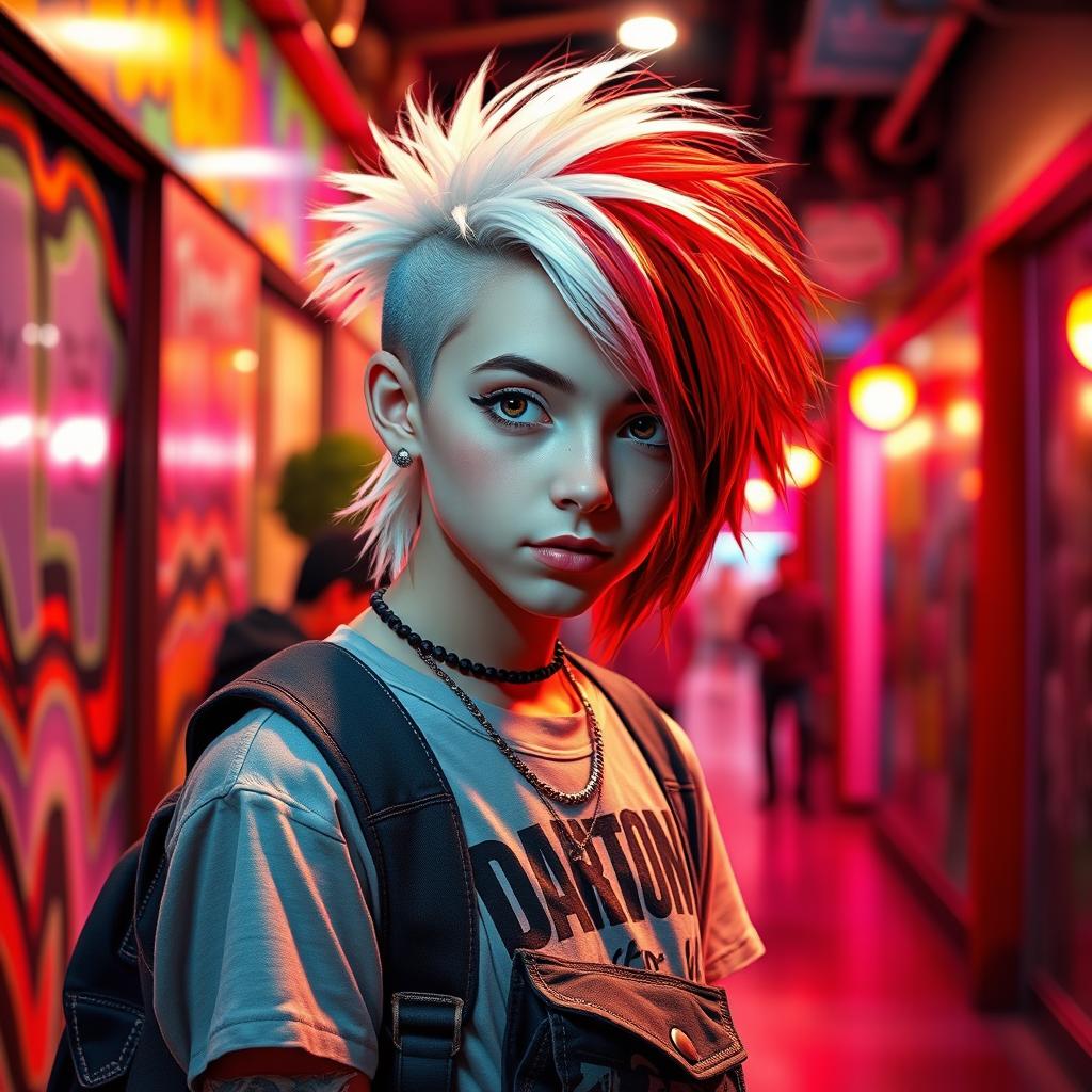 A teenager with a unique hairstyle featuring one half of their hair pure white and the other half vibrant red, exuding a youthful and edgy vibe