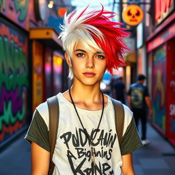 A teenager with a unique hairstyle featuring one half of their hair pure white and the other half vibrant red, exuding a youthful and edgy vibe