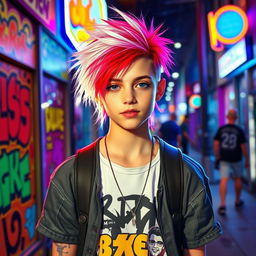 A teenager with a unique hairstyle featuring one half of their hair pure white and the other half vibrant red, exuding a youthful and edgy vibe