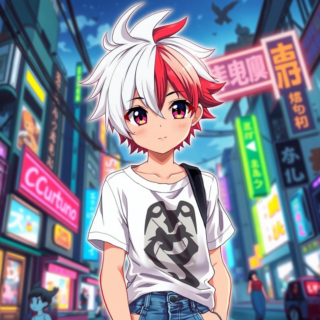 An anime-style teenager depicted with a striking hairstyle featuring one half bright white hair and the other half vivid red hair