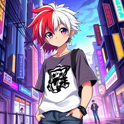 An anime-style teenager depicted with a striking hairstyle featuring one half bright white hair and the other half vivid red hair