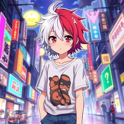 An anime-style teenager depicted with a striking hairstyle featuring one half bright white hair and the other half vivid red hair