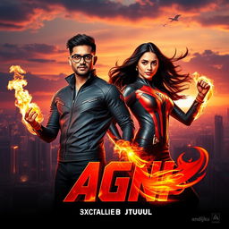 An Indian man and woman, both 27 years old, portrayed as powerful superheroes with extraordinary fire abilities