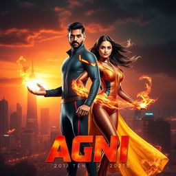 An Indian man and woman, both 27 years old, portrayed as powerful superheroes with extraordinary fire abilities