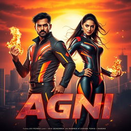 An Indian man and woman, both 27 years old, portrayed as powerful superheroes with extraordinary fire abilities