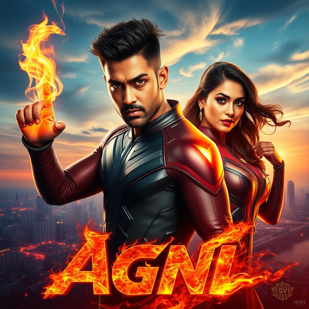 A dynamic and visually captivating cinematic sci-fi action superhero film poster titled 'Agni'