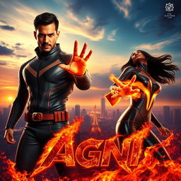 A dynamic and visually captivating cinematic sci-fi action superhero film poster titled 'Agni'