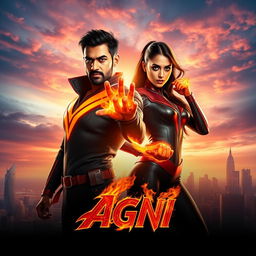 A dynamic and visually captivating cinematic sci-fi action superhero film poster titled 'Agni'