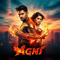 A dynamic and visually captivating cinematic sci-fi action superhero film poster titled 'Agni'