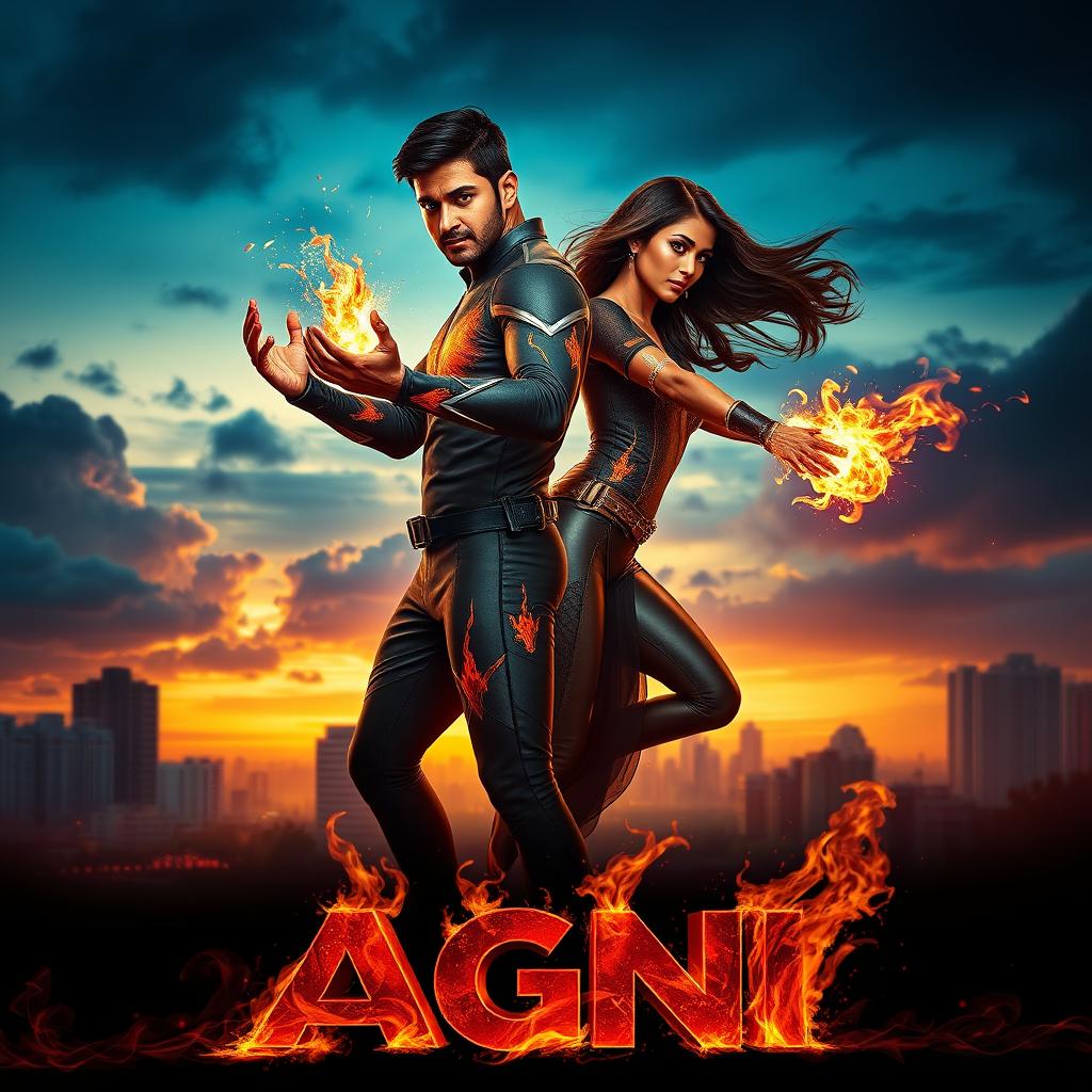 A captivating cinematic sci-fi action superhero film poster titled 'Agni'