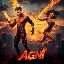 A captivating cinematic sci-fi action superhero film poster titled 'Agni'