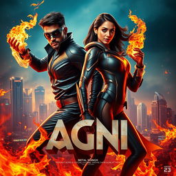 A cinematic sci-fi action superhero film poster titled 'AGNI' featuring an Indian 27-year-old man and a 27-year-old woman, both with striking modern superhero costumes that emphasize their fire powers