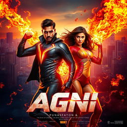 A cinematic sci-fi action superhero film poster titled 'AGNI' featuring an Indian 27-year-old man and a 27-year-old woman, both with striking modern superhero costumes that emphasize their fire powers