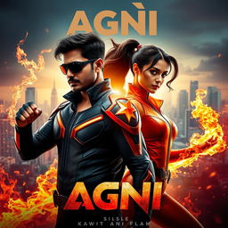 A cinematic sci-fi action superhero film poster titled 'AGNI' featuring an Indian 27-year-old man and a 27-year-old woman, both with striking modern superhero costumes that emphasize their fire powers