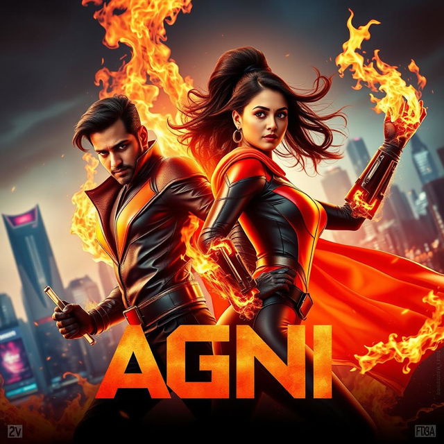 A cinematic sci-fi action superhero film poster titled 'AGNI' featuring an Indian 27-year-old man and a 27-year-old woman, both with striking modern superhero costumes that emphasize their fire powers